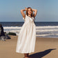 Full length image of womens dress made from cream silk dupion 