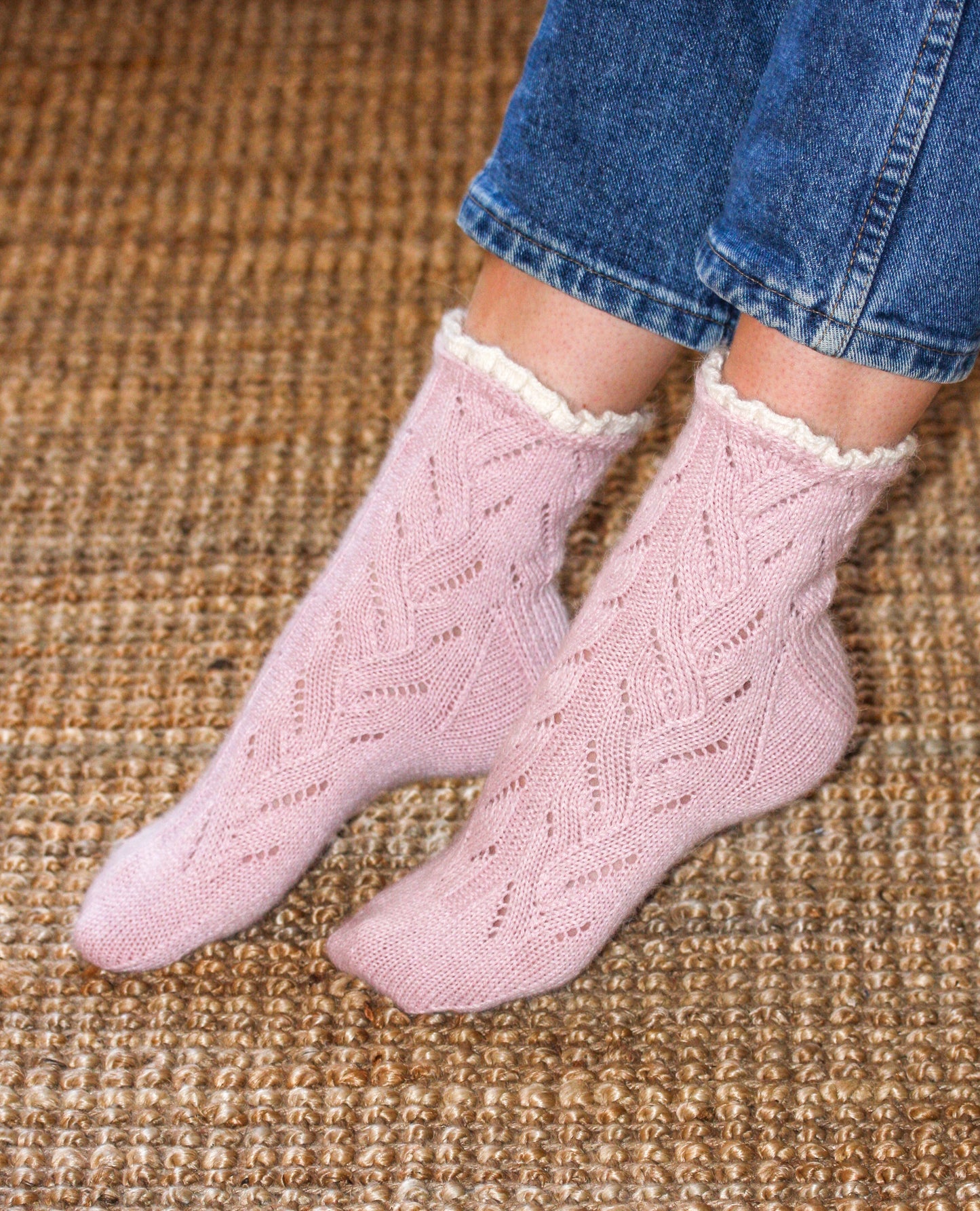 Baby pink hand knit alpaca wool socks