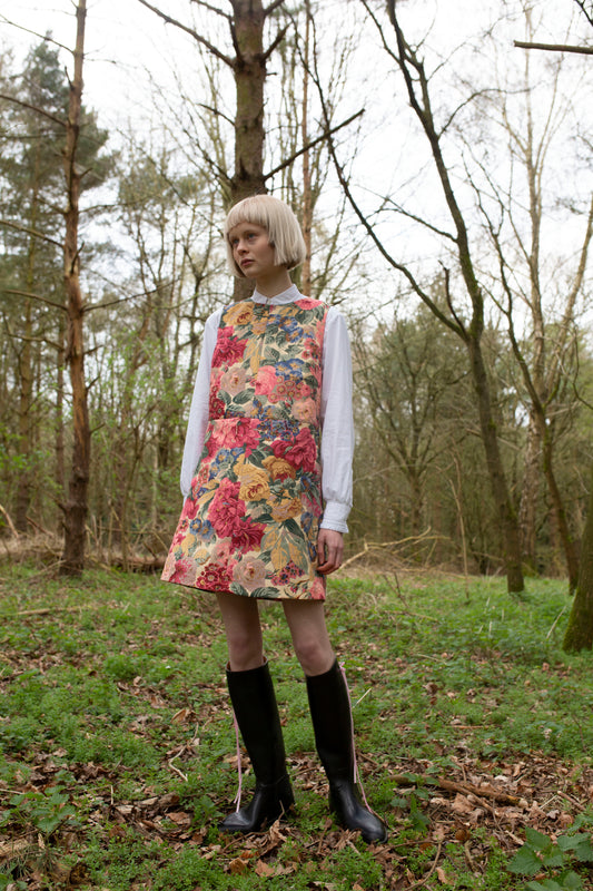 pink floral mini pinafore dress in Sanderson Rose & Peony 