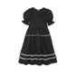 Flat lay cut out image of black cotton poplin long midi dress with big puff sleeves and tiered skirt