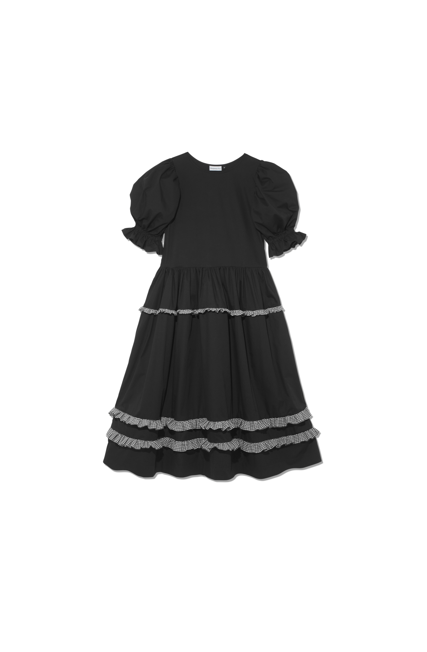 Flat lay cut out image of black cotton poplin long midi dress with big puff sleeves and tiered skirt