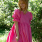 Stunning bright pink linen dress with puff sleeves. Everyday linen dress 