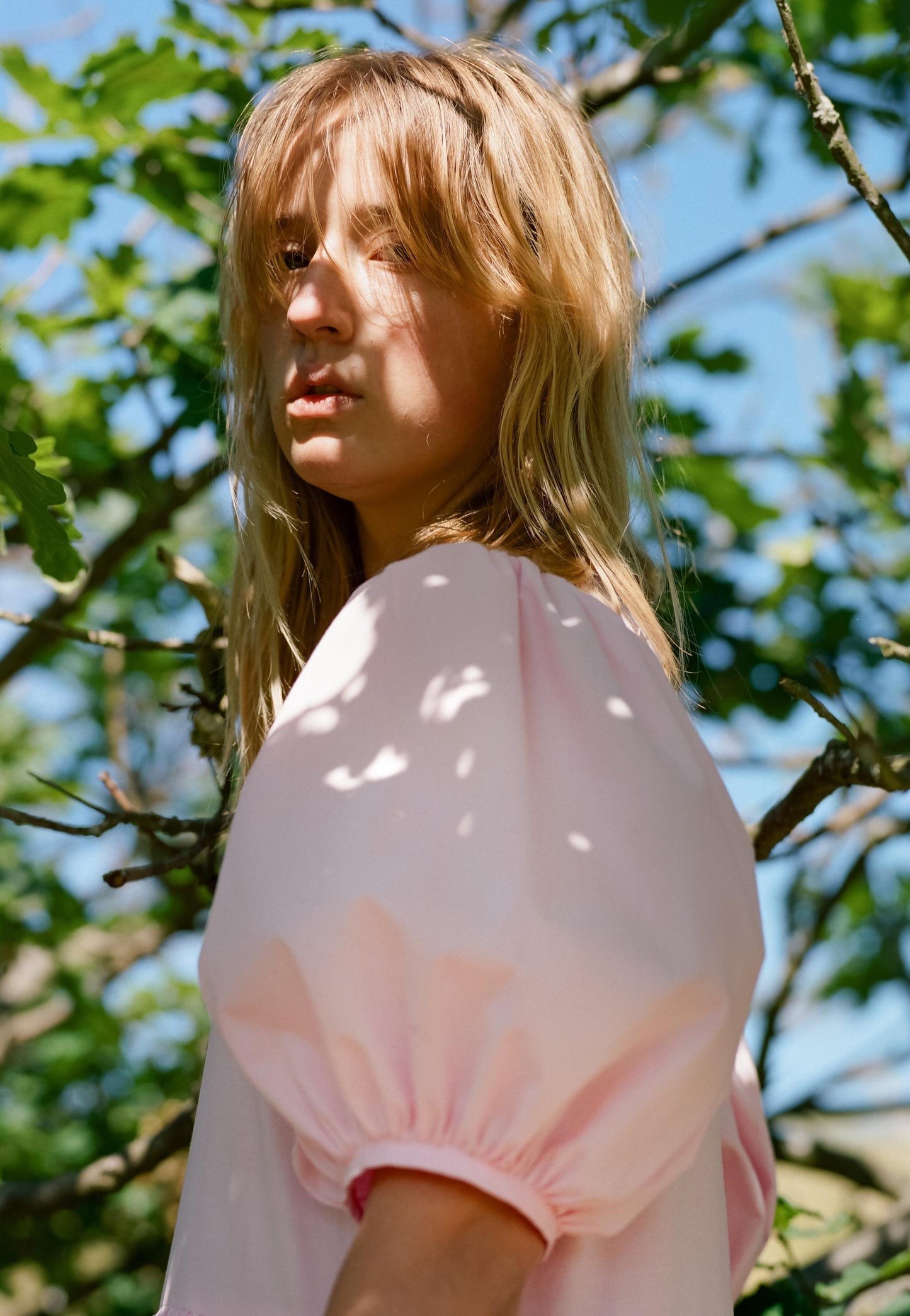 Close up of puff sleeve on pink statement cotton poplin dress, perfect for bridesmaid dress