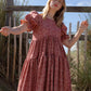Ex designer deadstock fabric dress made with puff sleeves and tiered gathered skirts