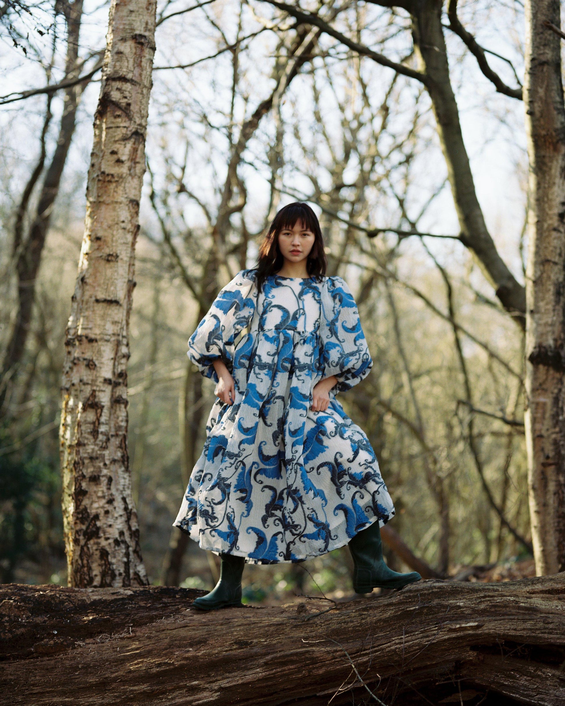 Full length image of beautiful occasion silk organza cloqué dress with puff sleeves