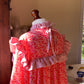 vintage nightgown style pink and red floral dress, with ruffle detail and a rectangle square yoke a - line oversized shape with long sleeves and cuff