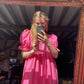 Fuchsia pink midi dress with puff sleeves