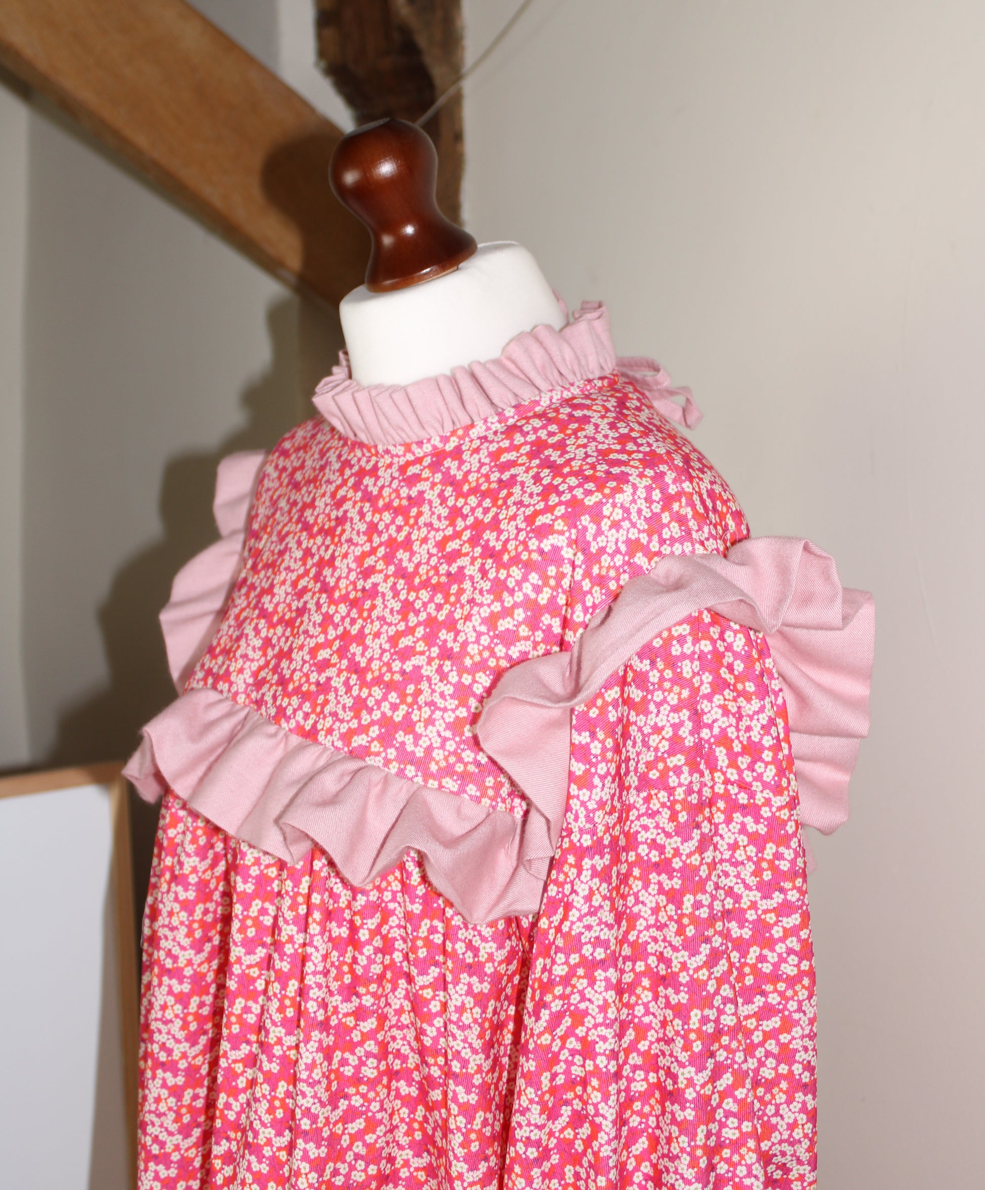 vintage liberty cotton fabric, liberty fabric dress, Liberty pink and red floral print day dress, pink ruffle dress, handmade dress, midi oversized dress, high neckline ruffle collar, puff sleeves with cuffs, rectangle yoke nightgown style dress