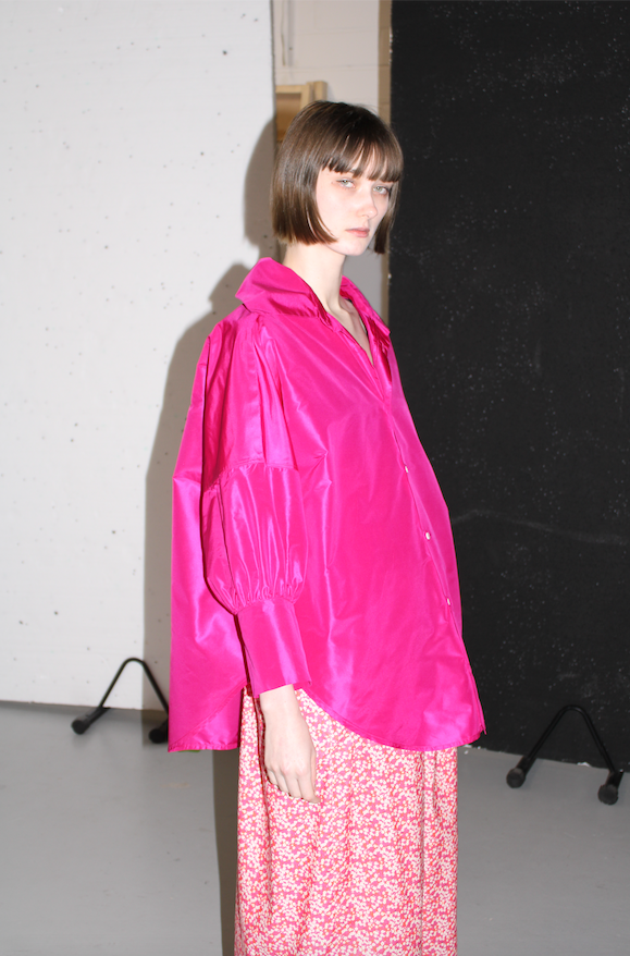 Oversized womens' shirt in ex designer magenta silk dupion, with an oversized collar and puff sleeves 