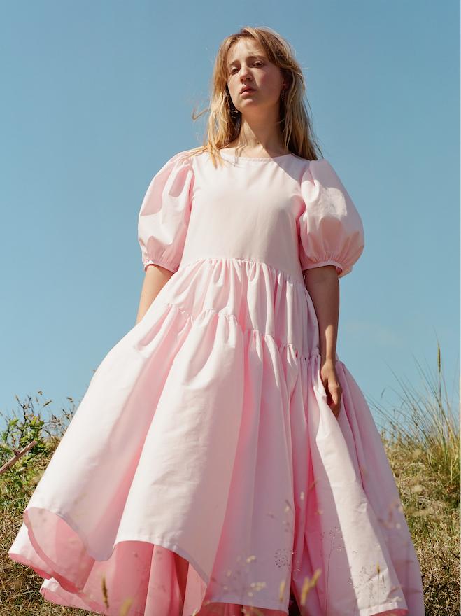 Pale pink statement dress with puff sleeves and tiered skirts. Cecilie Bahnsen inspired dress in cotton poplin, made to order 